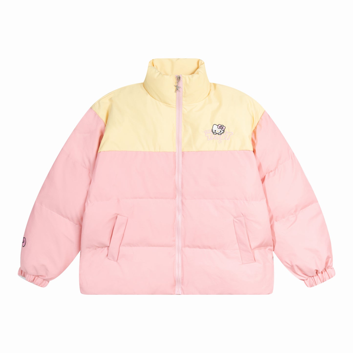 Hellokitty Winter Long Sleeve Zip Colorblocked Puffer Jacket Pockets Baggy Short Down Coats