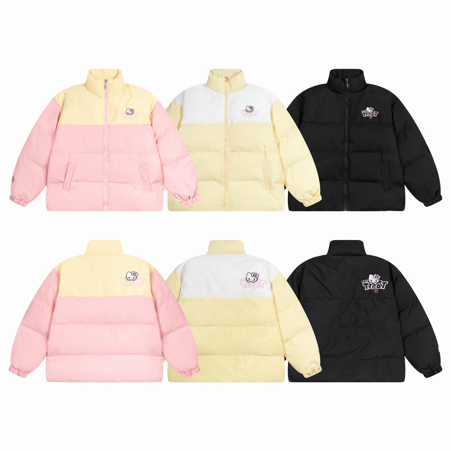Hellokitty Winter Long Sleeve Zip Colorblocked Puffer Jacket Pockets Baggy Short Down Coats