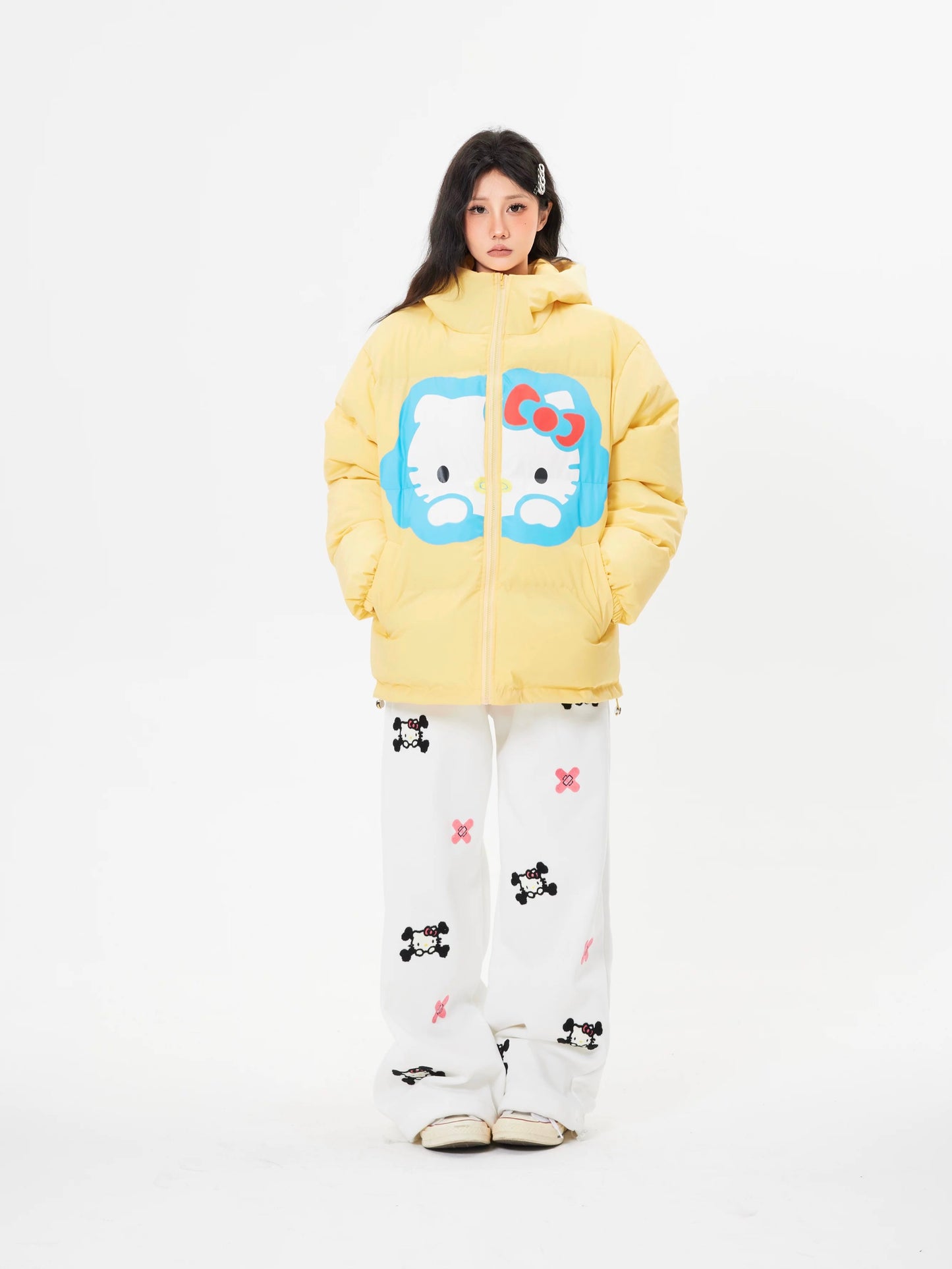 Hellokitty Winter Long Sleeve Zip Hooded Puffer Jacket Pockets Baggy Short Down Coat