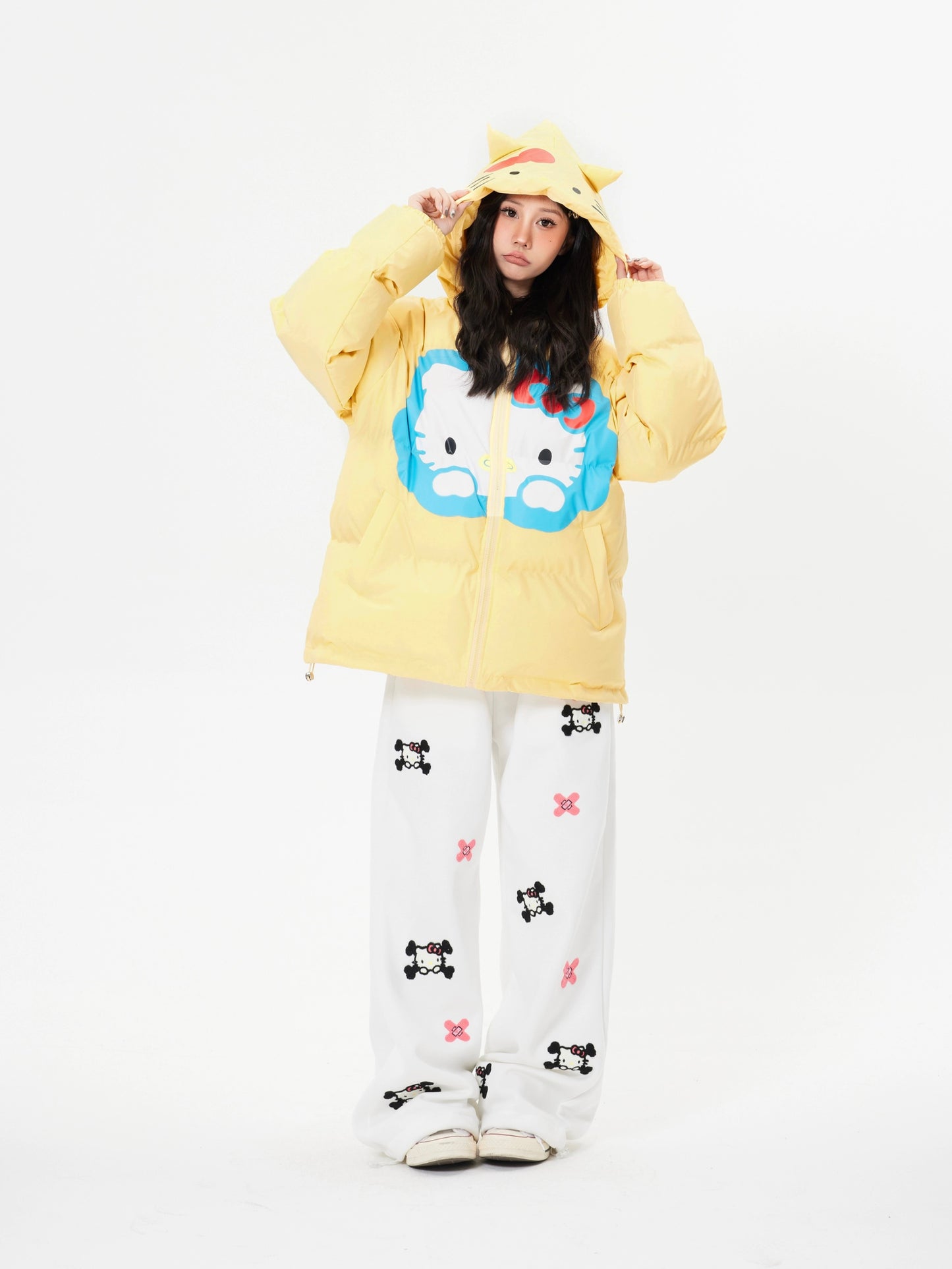 Hellokitty Winter Long Sleeve Zip Hooded Puffer Jacket Pockets Baggy Short Down Coat