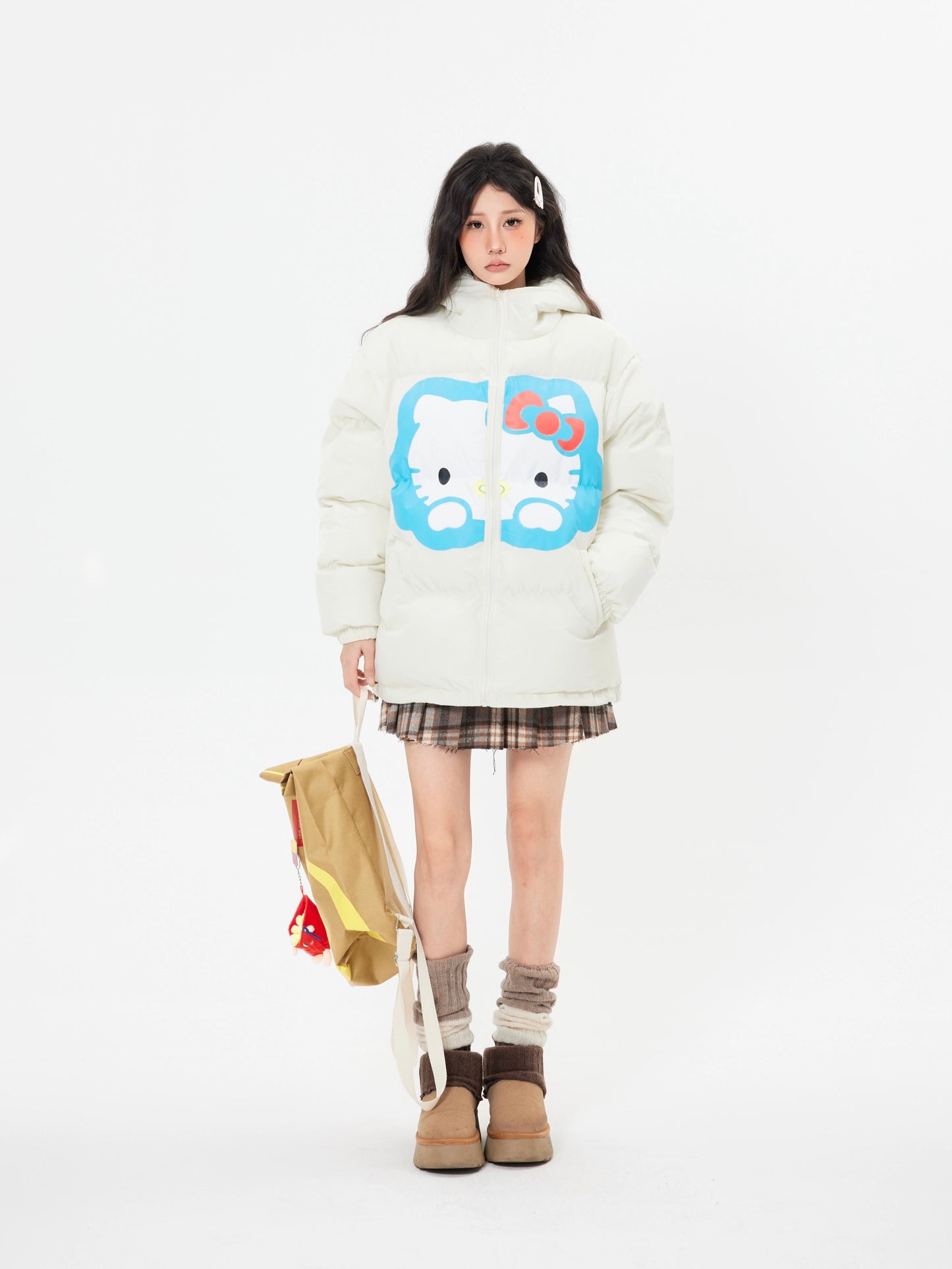 Hellokitty Winter Long Sleeve Zip Hooded Puffer Jacket Pockets Baggy Short Down Coat