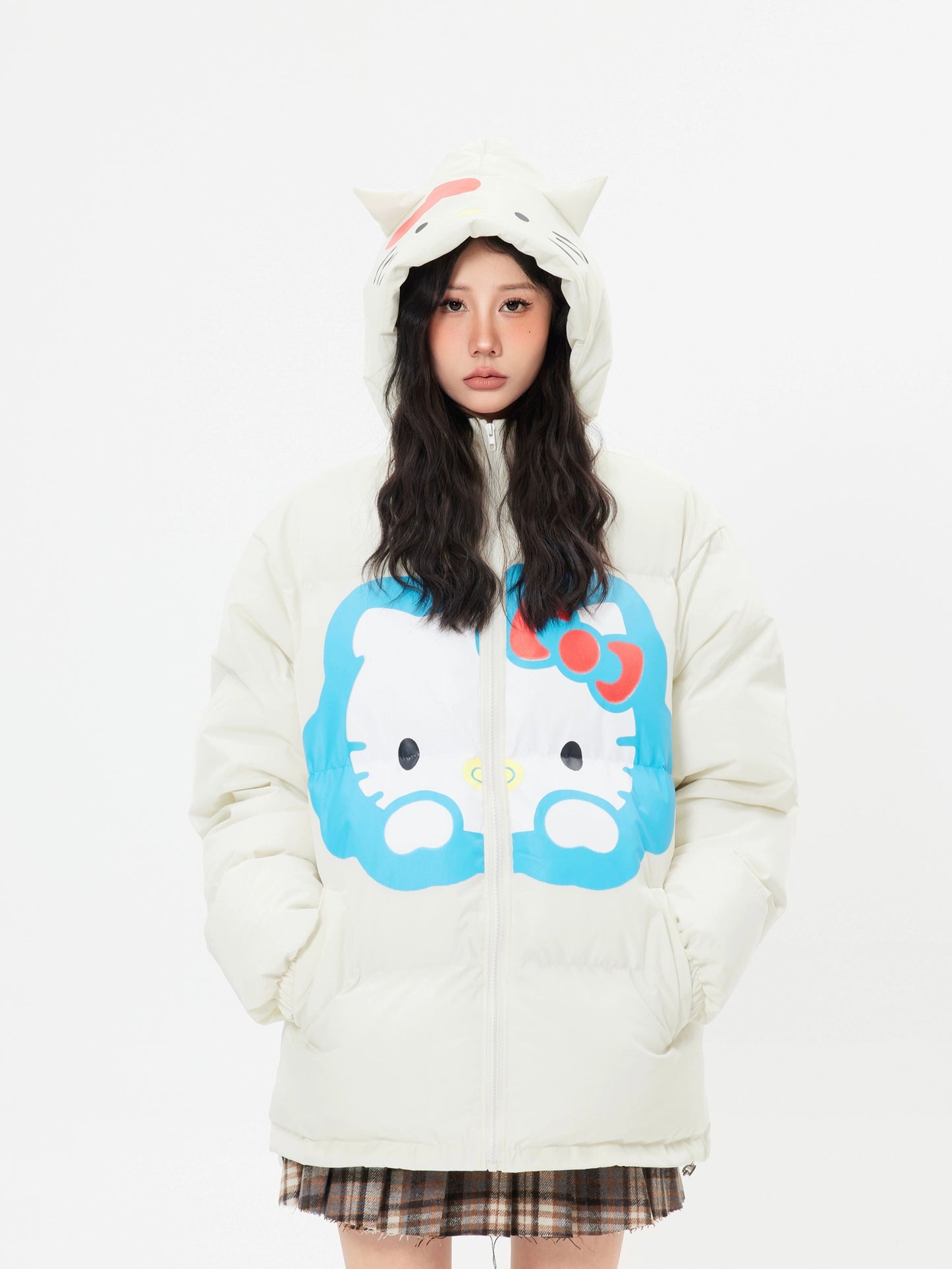 Hellokitty Winter Long Sleeve Zip Hooded Puffer Jacket Pockets Baggy Short Down Coat