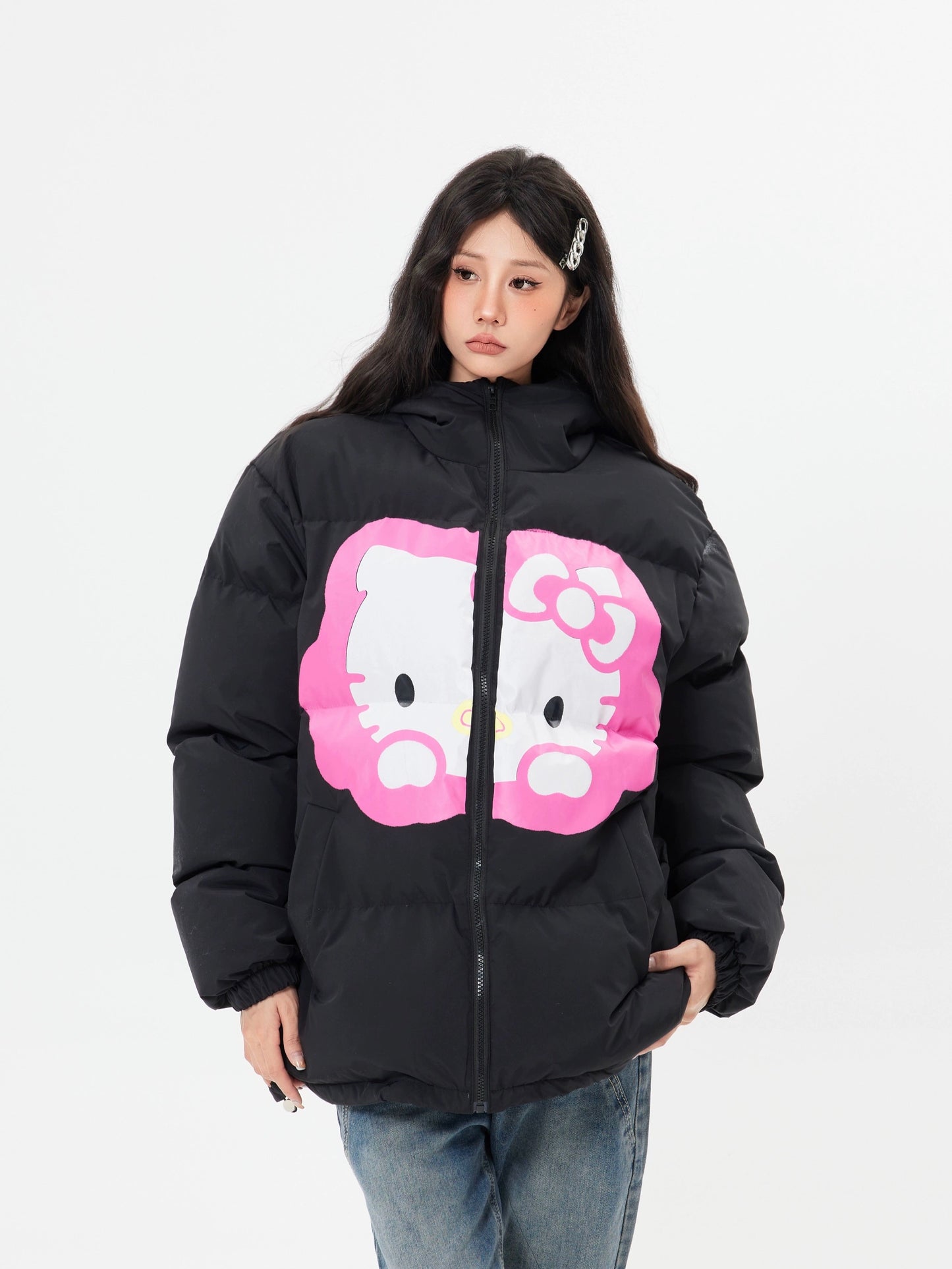 Hellokitty Winter Long Sleeve Zip Hooded Puffer Jacket Pockets Baggy Short Down Coat