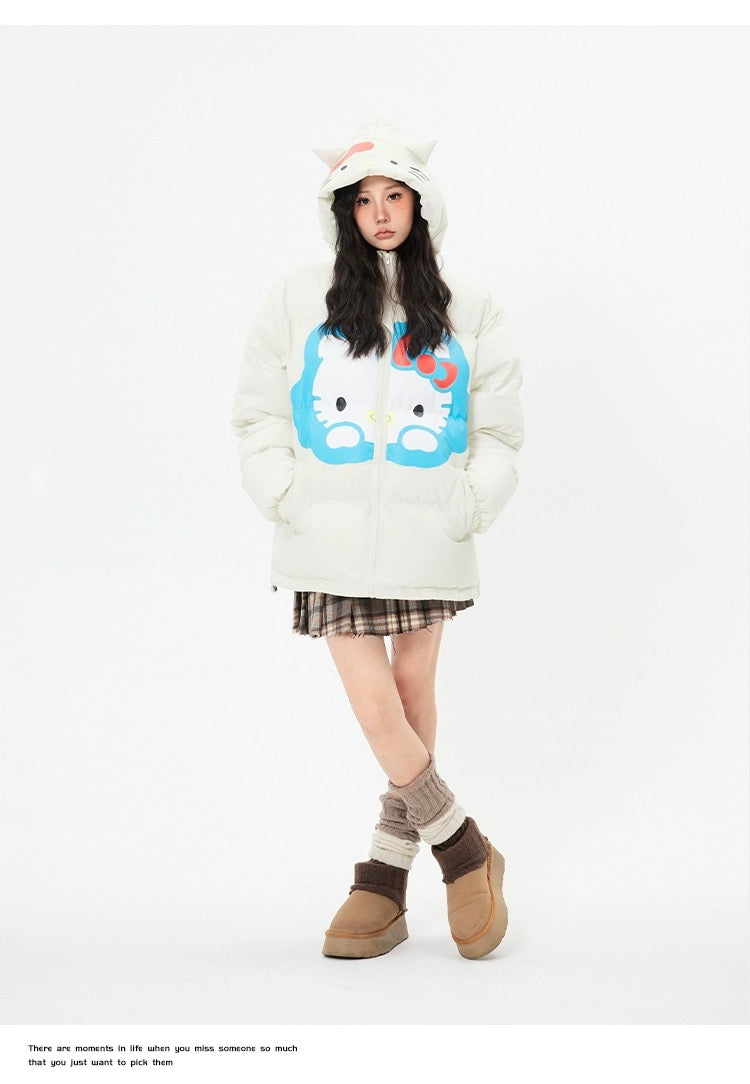 Hellokitty Winter Long Sleeve Zip Hooded Puffer Jacket Pockets Baggy Short Down Coat