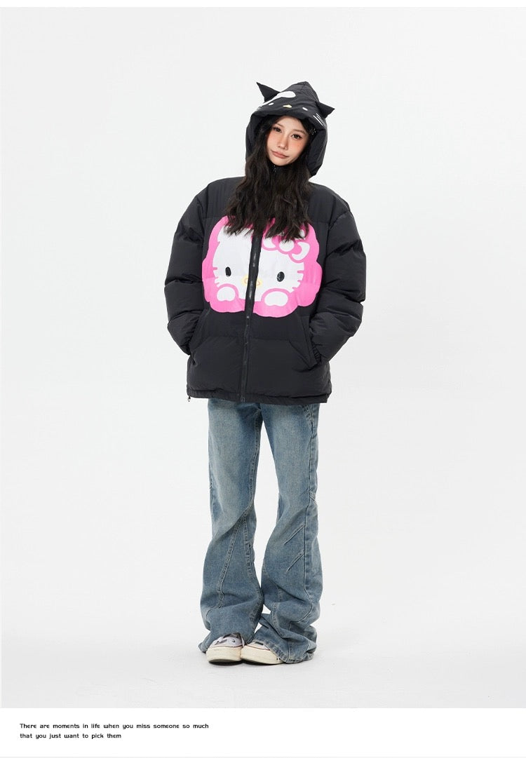 Hellokitty Winter Long Sleeve Zip Hooded Puffer Jacket Pockets Baggy Short Down Coat