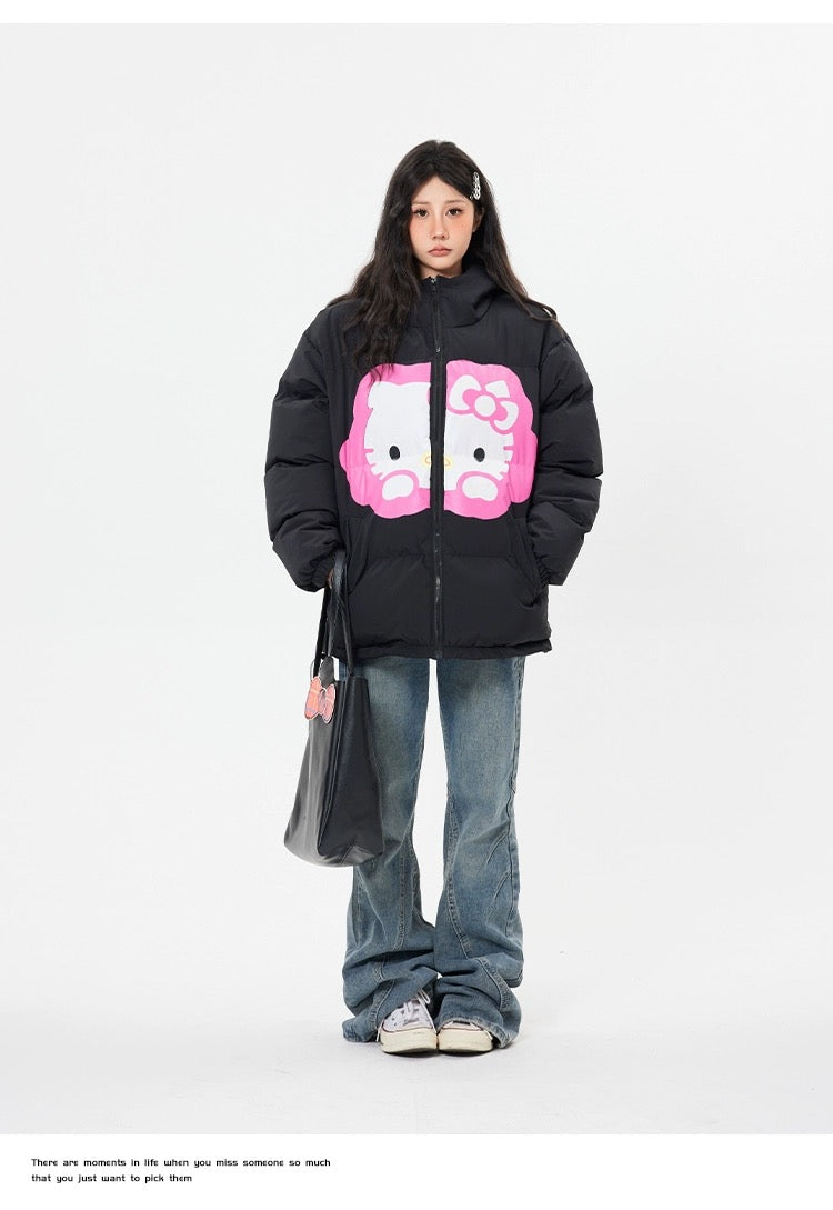 Hellokitty Winter Long Sleeve Zip Hooded Puffer Jacket Pockets Baggy Short Down Coat