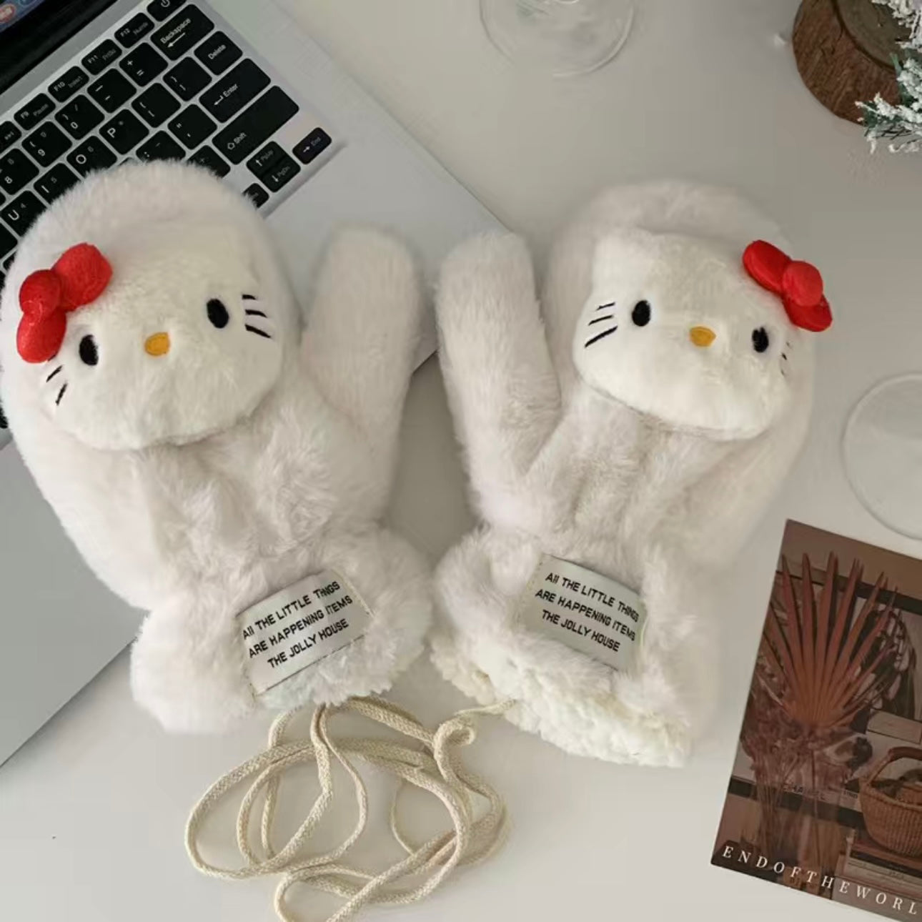 KT Cute Full Finger Gloves Fluffy Plush Winter Warm Mittens Hand Warmer for Women Teenager Girls