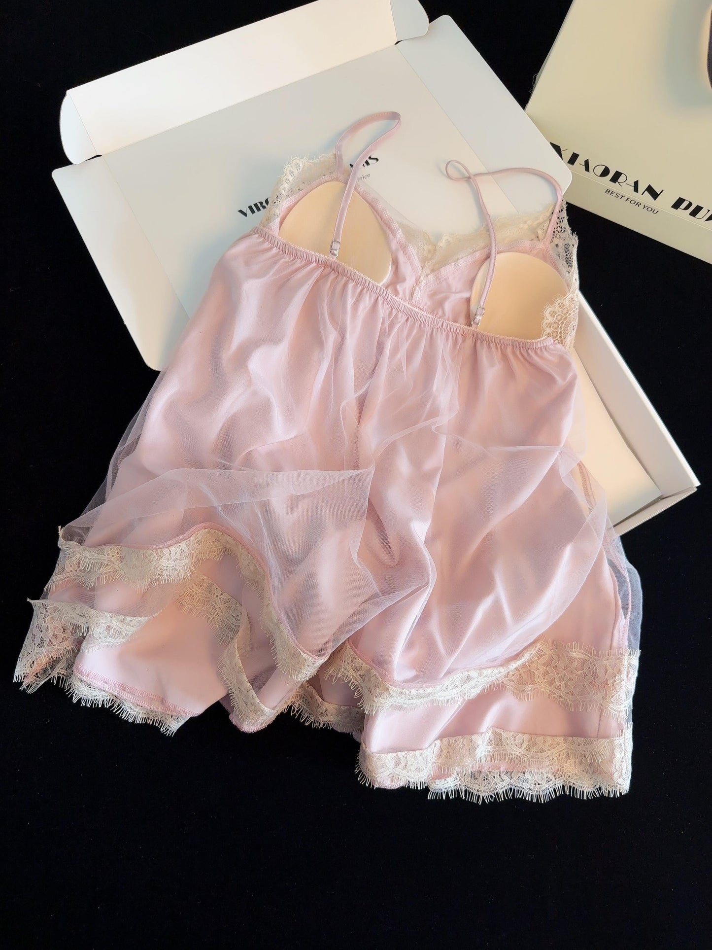 Light pink White Lace Trim Double Layer Gauze Silk Nightgown for Women Satin Slip Dress Nightdress