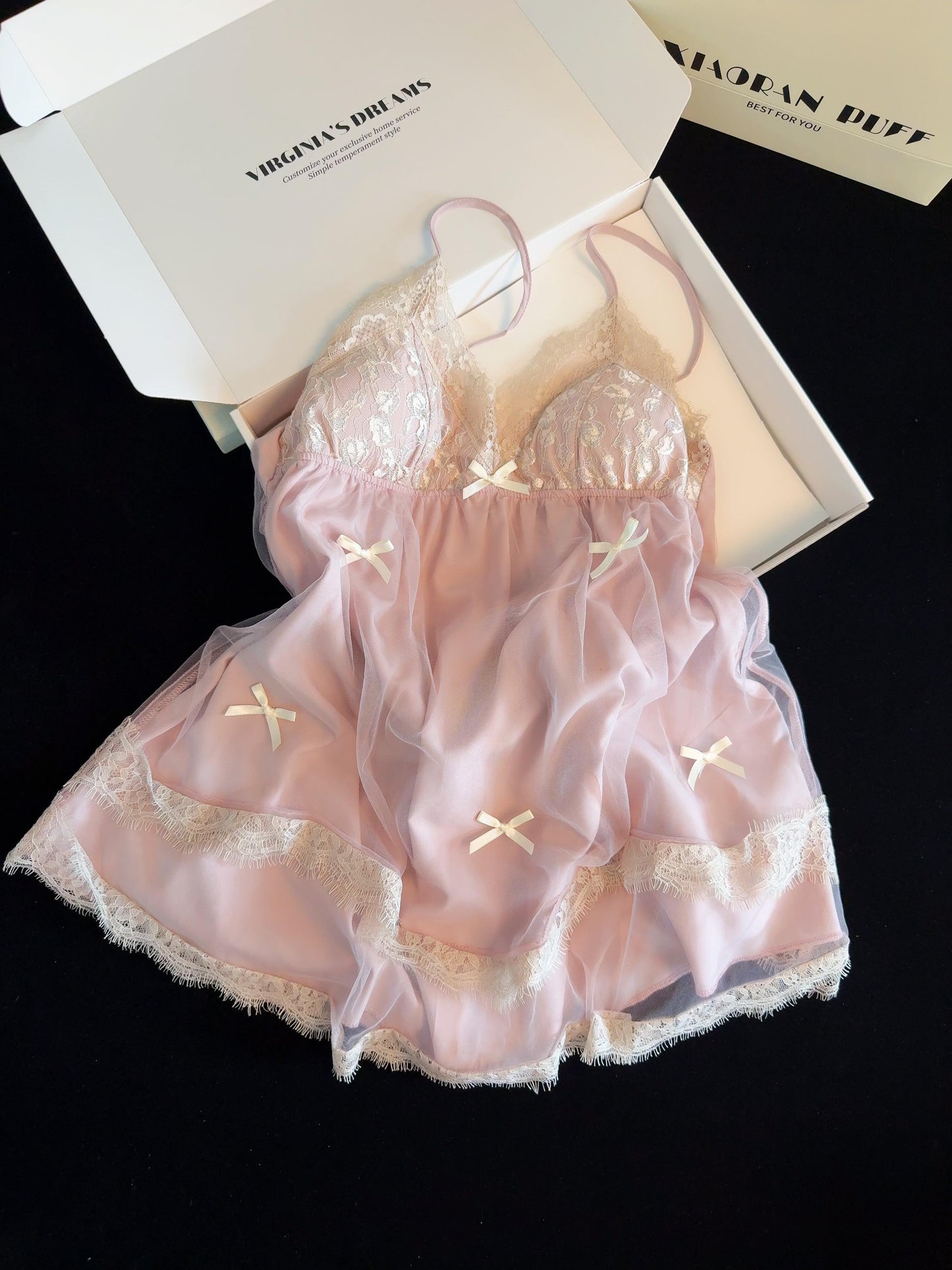 Light pink White Lace Trim Double Layer Gauze Silk Nightgown for Women Satin Slip Dress Nightdress