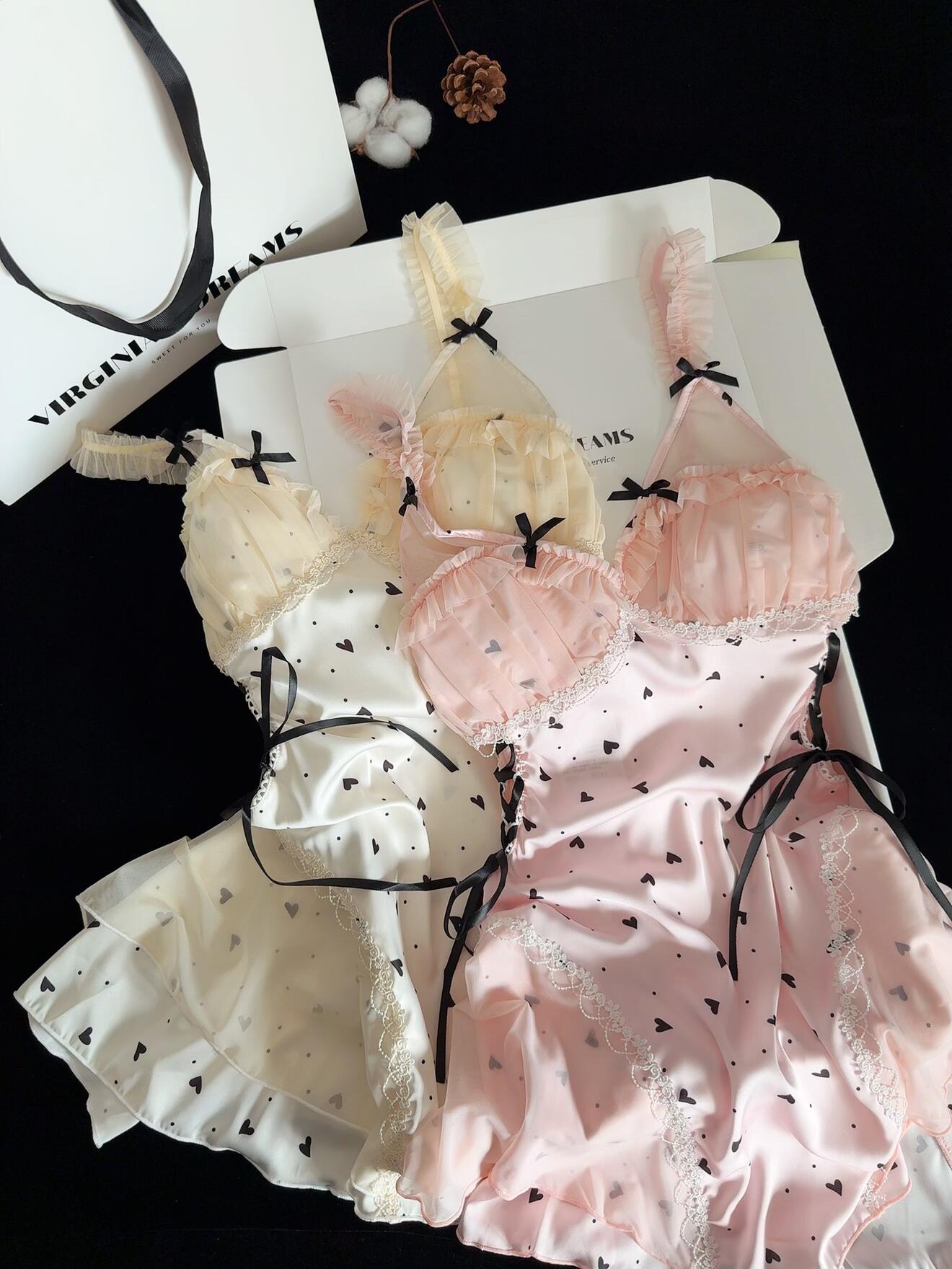 Black Heart Print Lace Trim Double Layer Gauze Silk Nightgown for Women Satin Slip Dress Nightdress