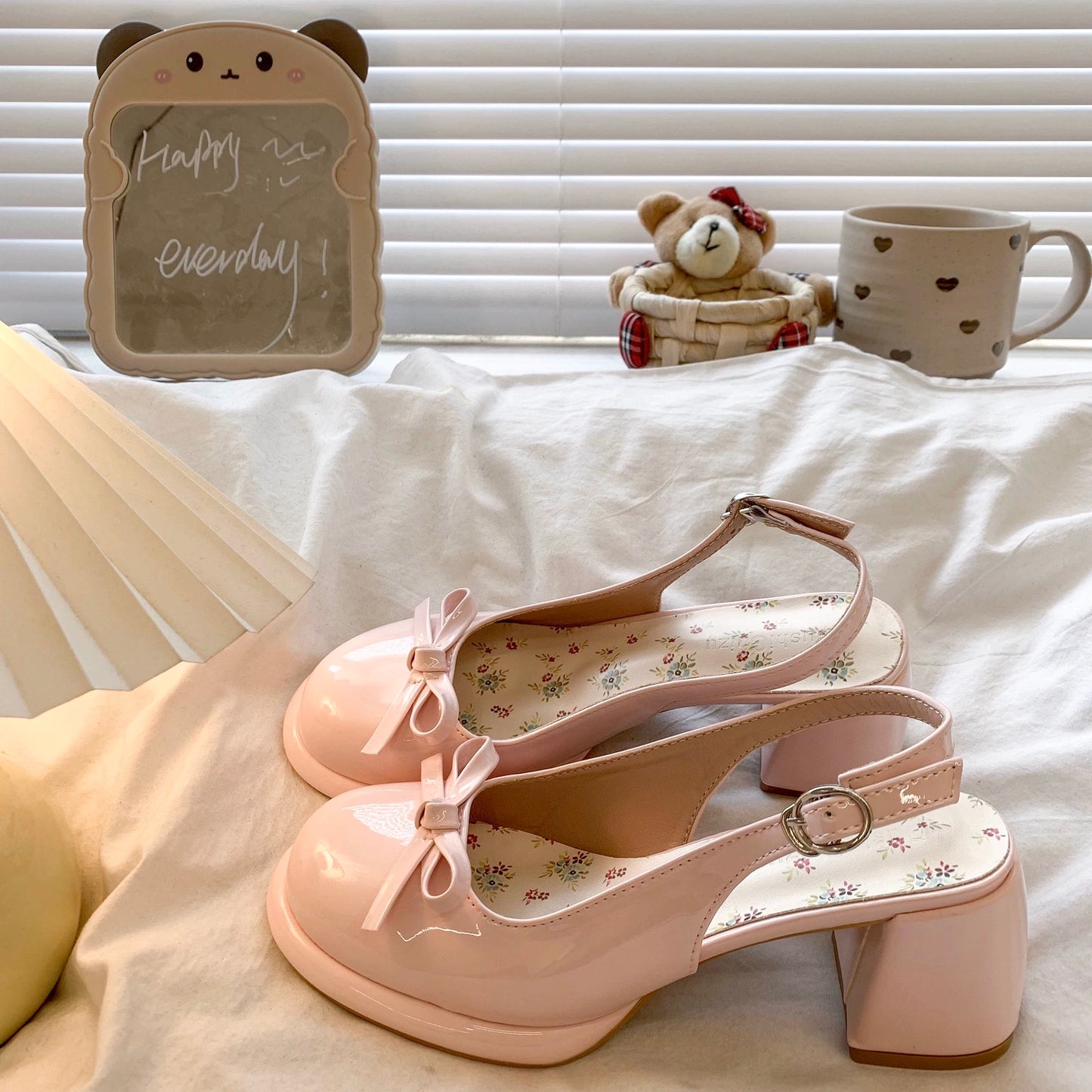 Pink Chunky High Heels Ankle Strap Pumps Mary Jane Bow Lace Dress Shoes