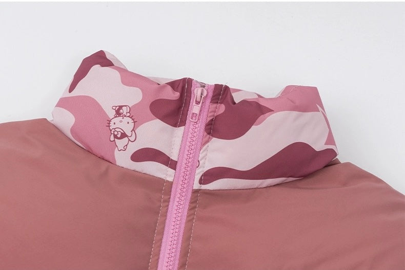 Hellokitty Camouflage Winter Long Sleeve Zip Puffer Jacket Pockets Baggy Short Down Coats