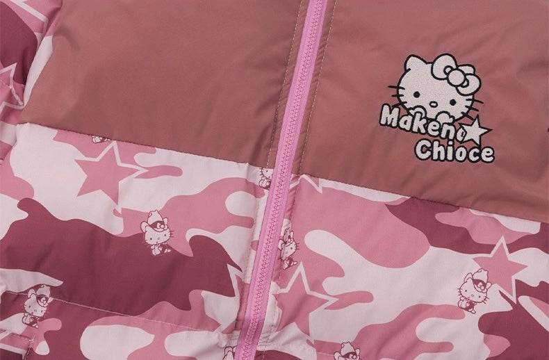 Hellokitty Camouflage Winter Long Sleeve Zip Puffer Jacket Pockets Baggy Short Down Coats
