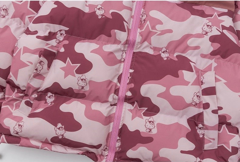 Hellokitty Camouflage Winter Long Sleeve Zip Puffer Jacket Pockets Baggy Short Down Coats