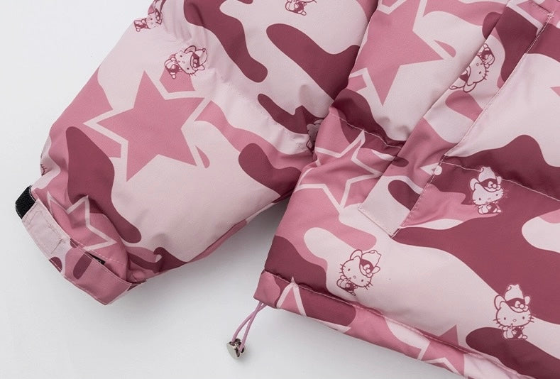Hellokitty Camouflage Winter Long Sleeve Zip Puffer Jacket Pockets Baggy Short Down Coats