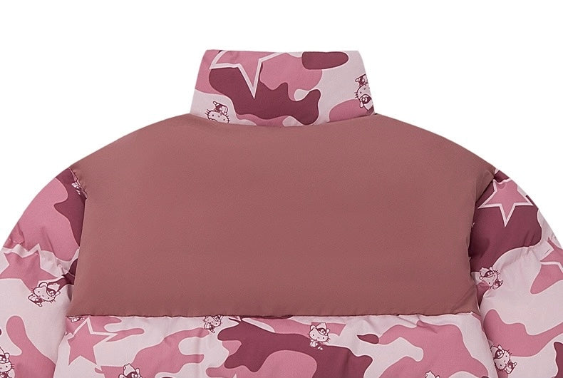 Hellokitty Camouflage Winter Long Sleeve Zip Puffer Jacket Pockets Baggy Short Down Coats