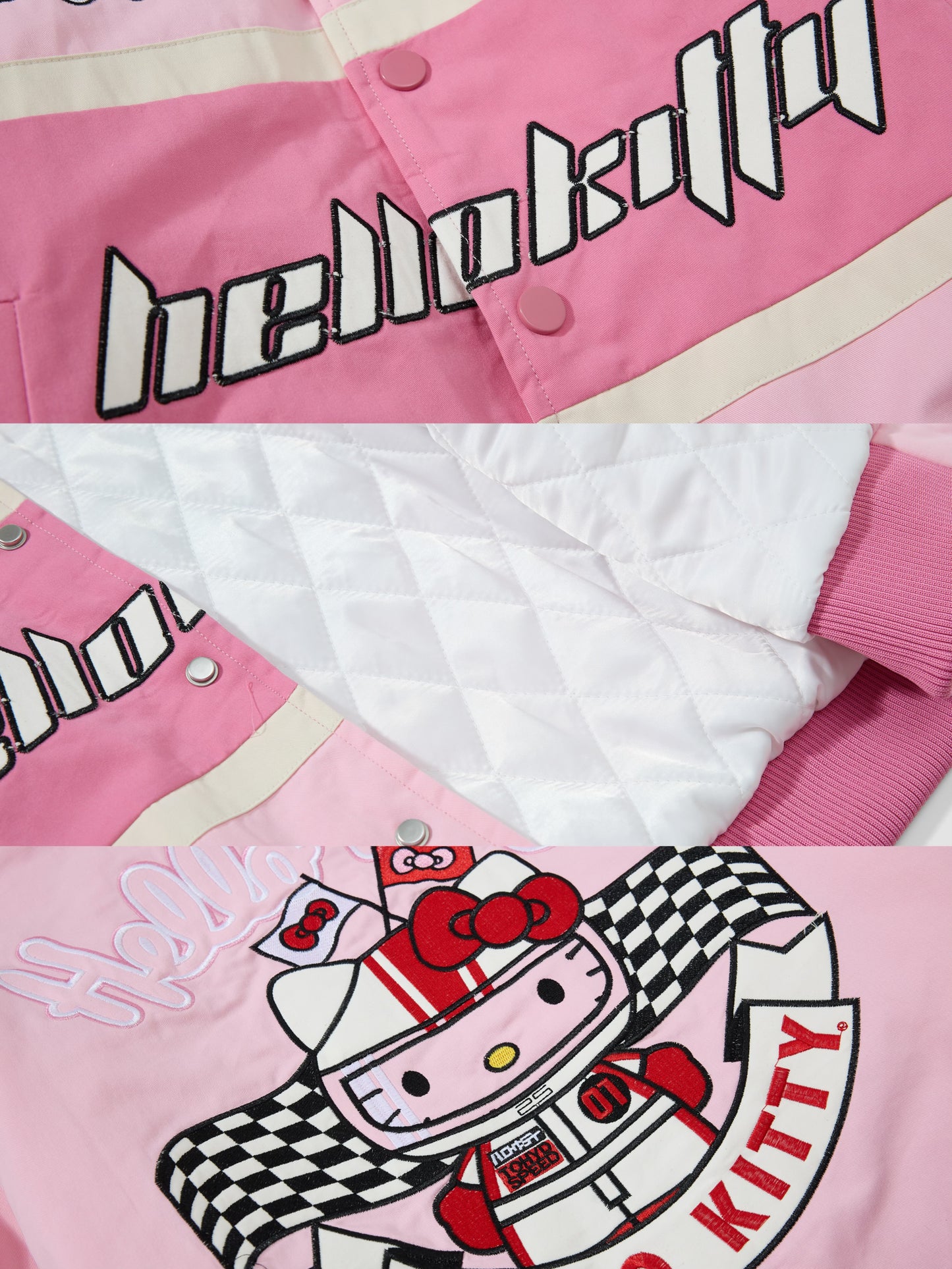 【 Holiday Deals🔥】Hellokitty Pink Racing Car Varsity Jacket Baseball Bomber Jacket Vintage Unisex Streetwear Coats