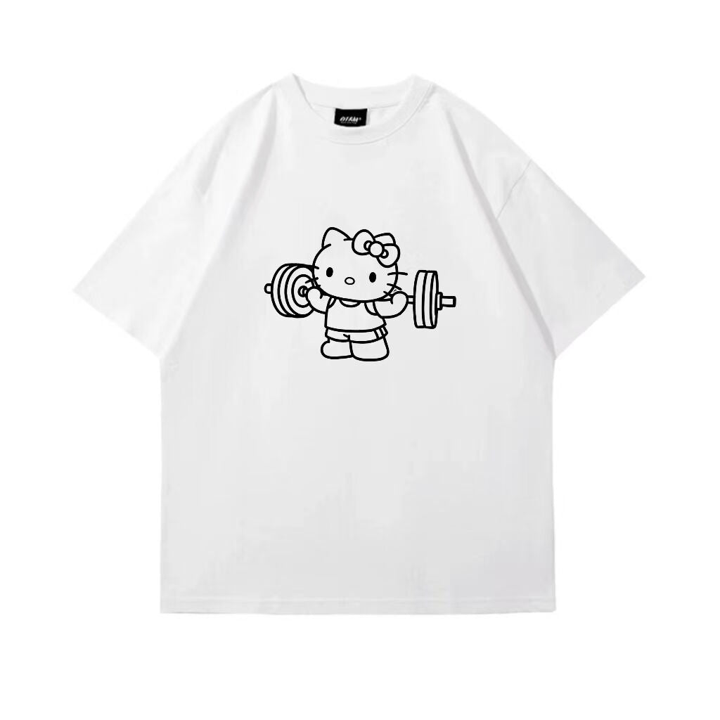 Hellokitty Weightlifting Print Cute Workout Crew Neck Cotton Short Sleeve Gym Fitness