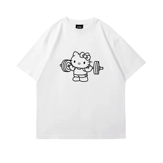 Hellokitty Weightlifting Print Cute Workout Crew Neck Cotton Short Sleeve Gym Fitness