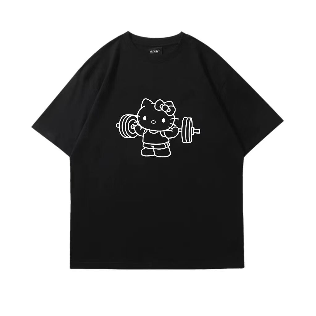 Hellokitty Weightlifting Print Cute Workout Crew Neck Cotton Short Sleeve Gym Fitness