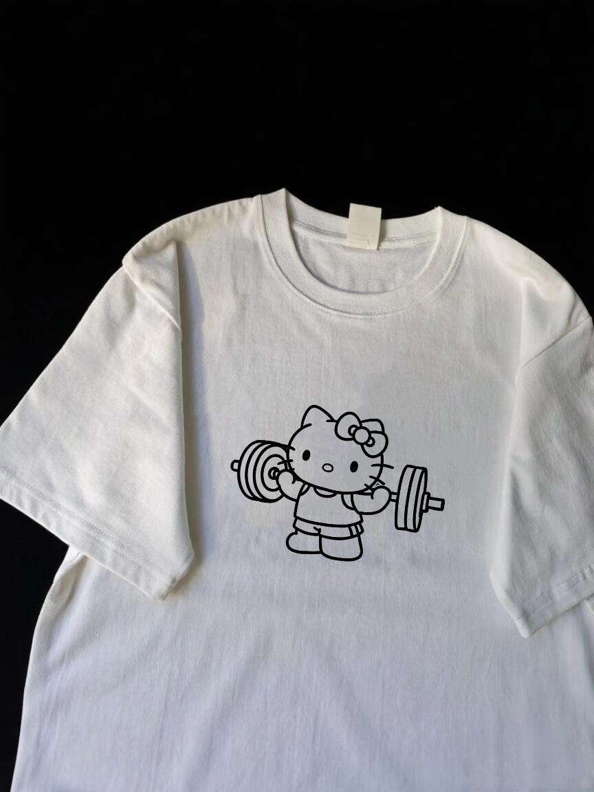 Hellokitty Weightlifting Print Cute Workout Crew Neck Cotton Short Sleeve Gym Fitness