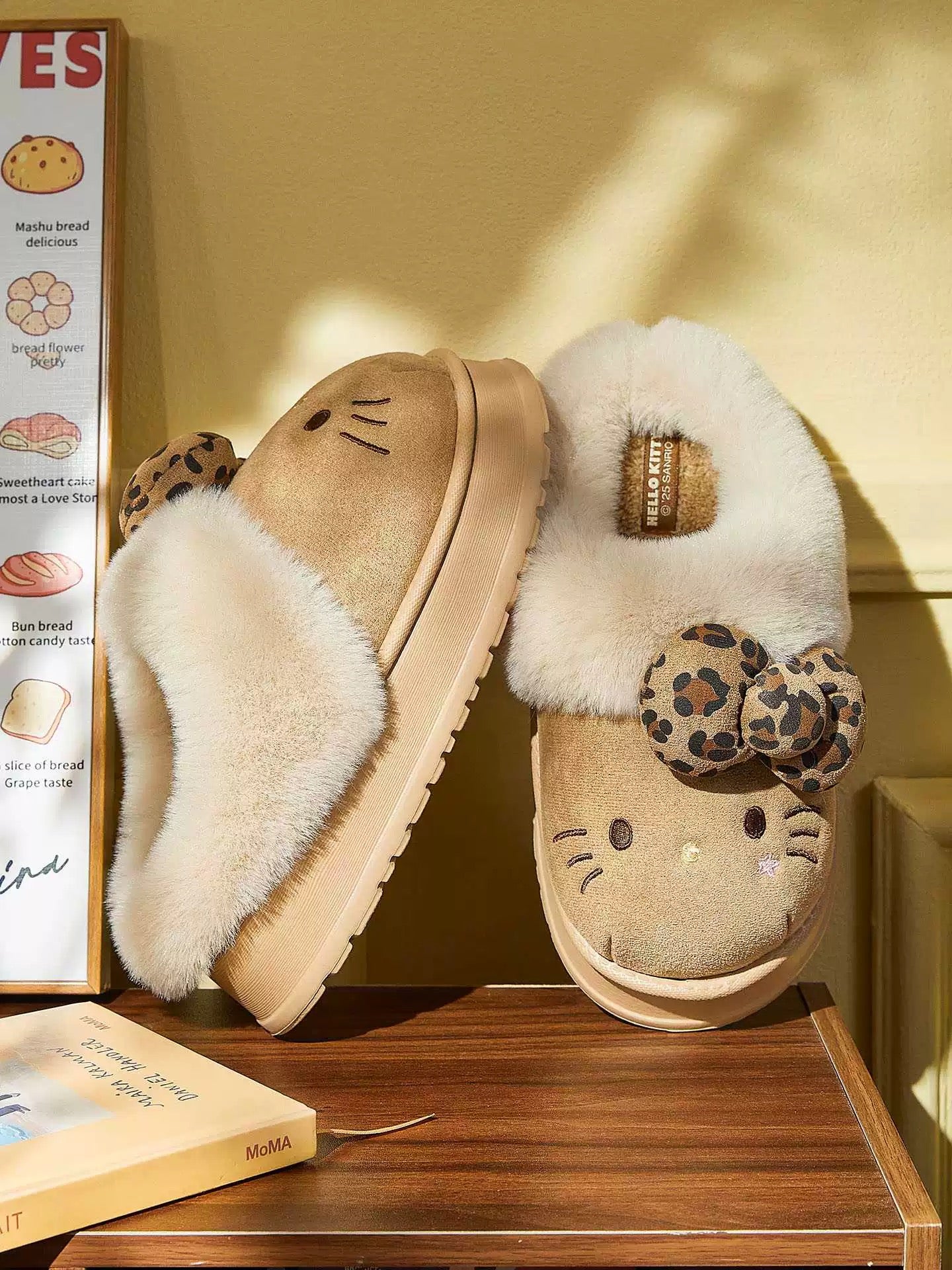 Hellokitty Fuzzy Brown Slippers Fluffy Fall Winter House Shoes Indoor and Outdoor