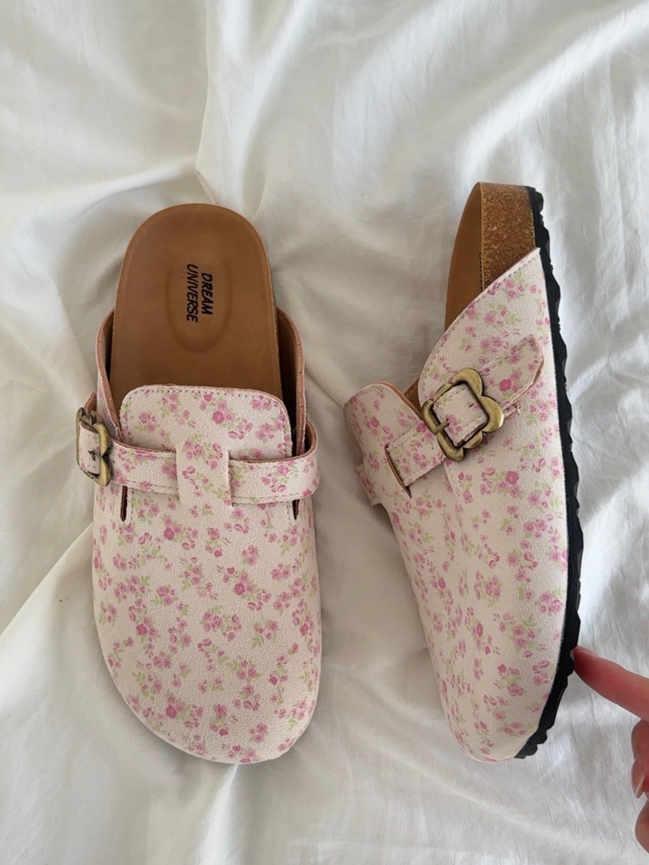 Floral Print Suede Clogs Leather Mules Cork Footbed Sandals Potato Shoes with Arch Support