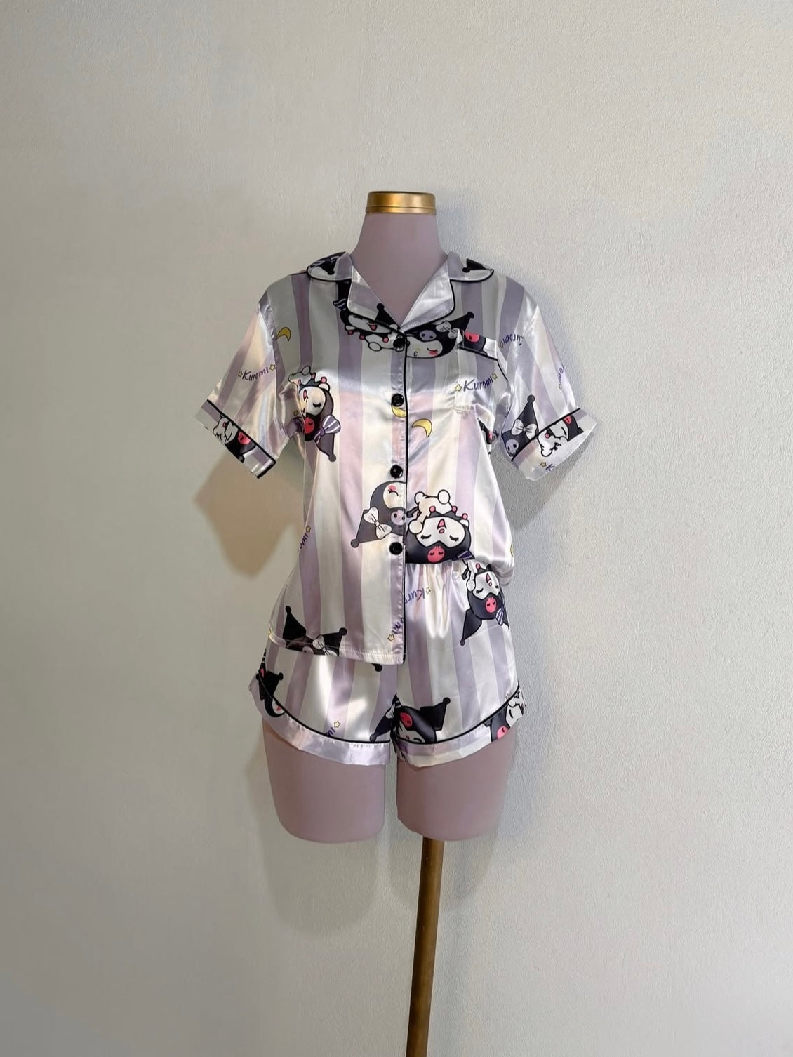 Sanrio Womens Silk Satin Pajama Sets Short Sleeve Button Down Sleepwear Cozy Loungewear 2 Piece Pjs Shorts Set (S-XXXL)