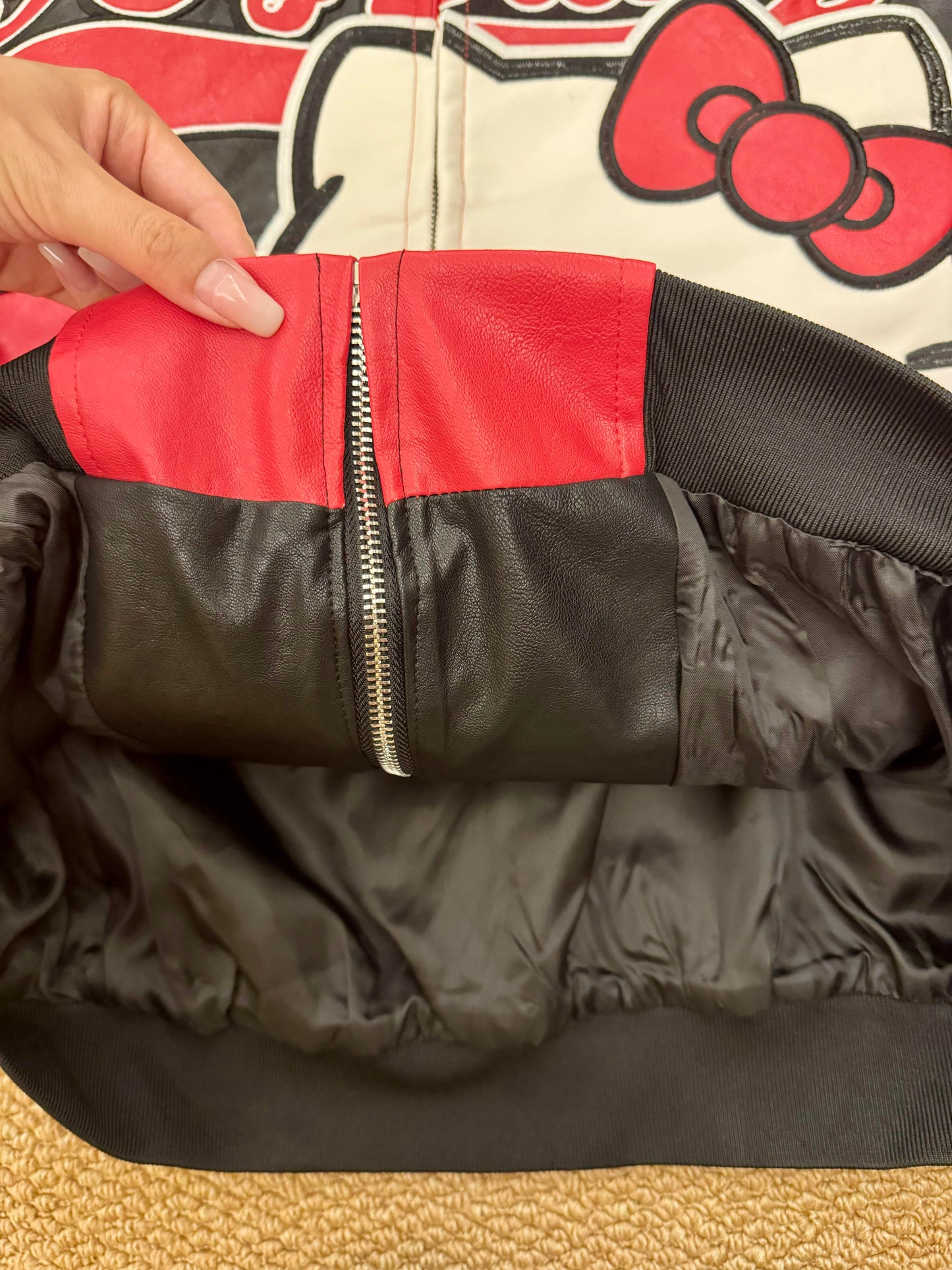 Hellokitty Red and Black Faux Leather Jacket Oversized Racing Motorcycle Jackets Moto Coats Unisex Trendy Streetwear Jacket