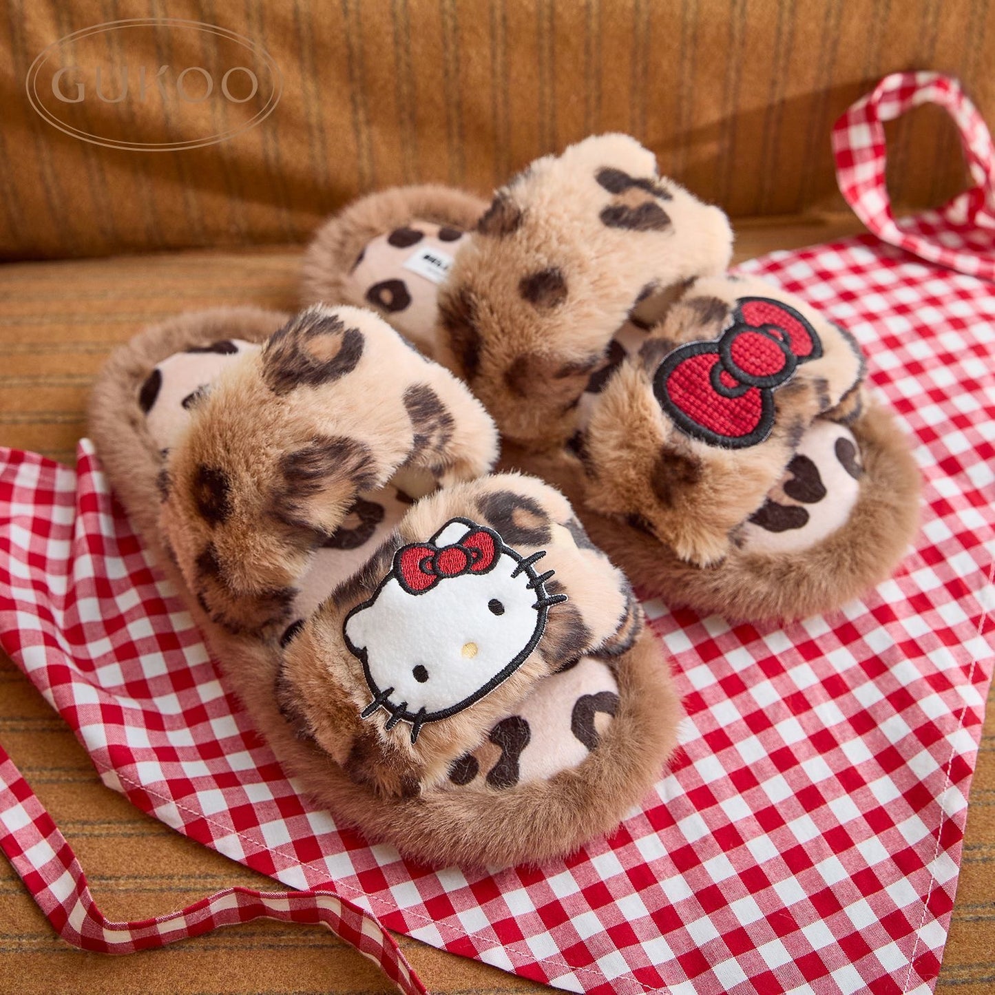 Hellokitty Leopard Print Fluffy Plush Slippers House Slippers Indoor Slippers for Women