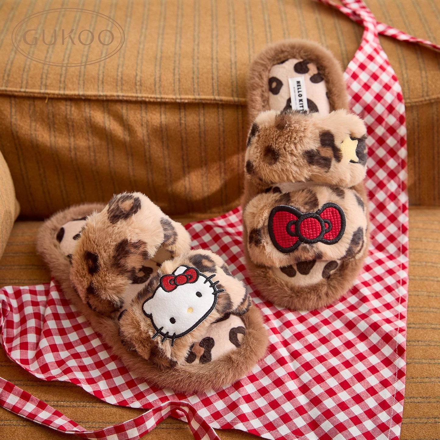 Hellokitty Leopard Print Fluffy Plush Slippers House Slippers Indoor Slippers for Women