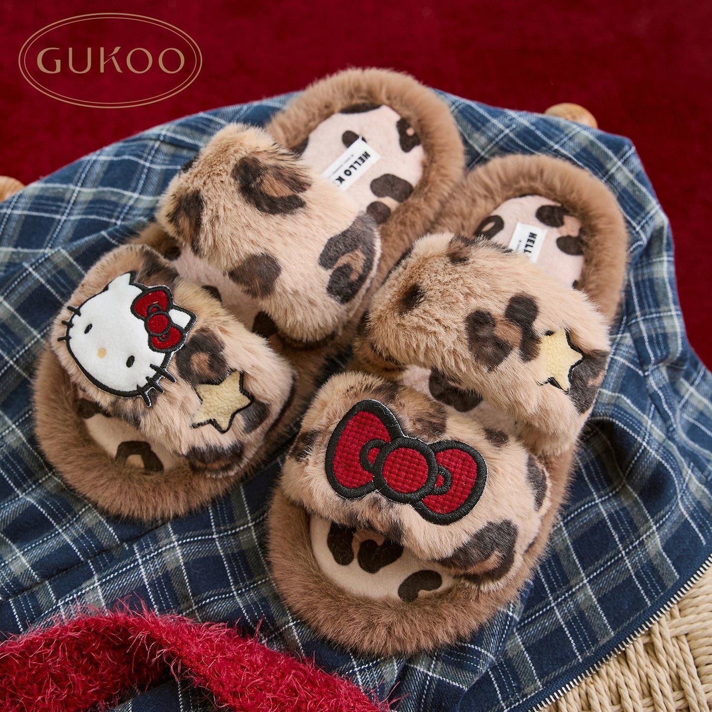 Hellokitty Leopard Print Fluffy Plush Slippers House Slippers Indoor Slippers for Women