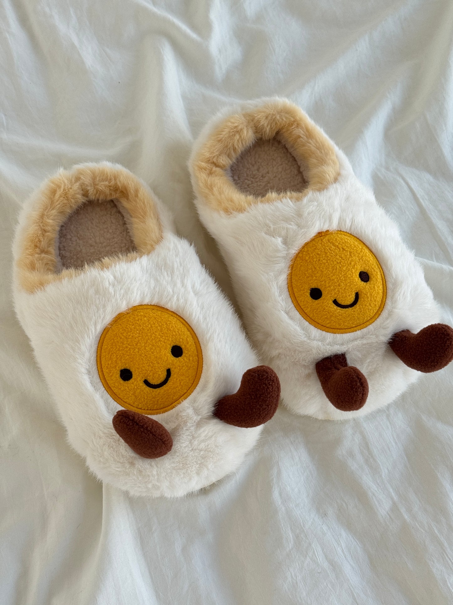 Fried Egg Jellycat Fuzzy Scuff Slippers Soft Comfy Memory Foam Non-slip Indoor House Shoes