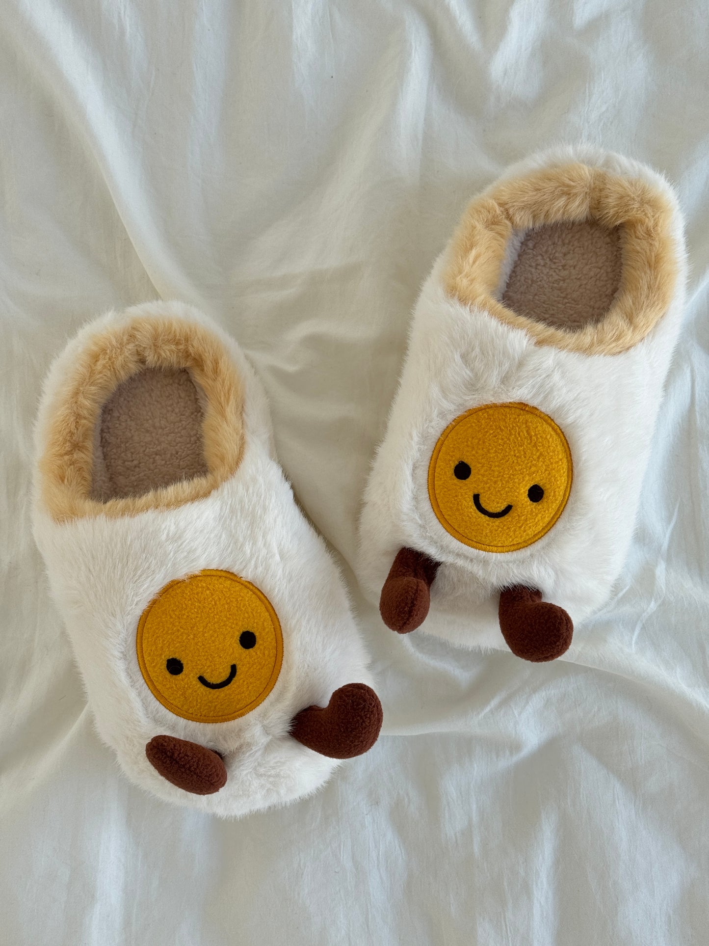 Fried Egg Jellycat Fuzzy Scuff Slippers Soft Comfy Memory Foam Non-slip Indoor House Shoes