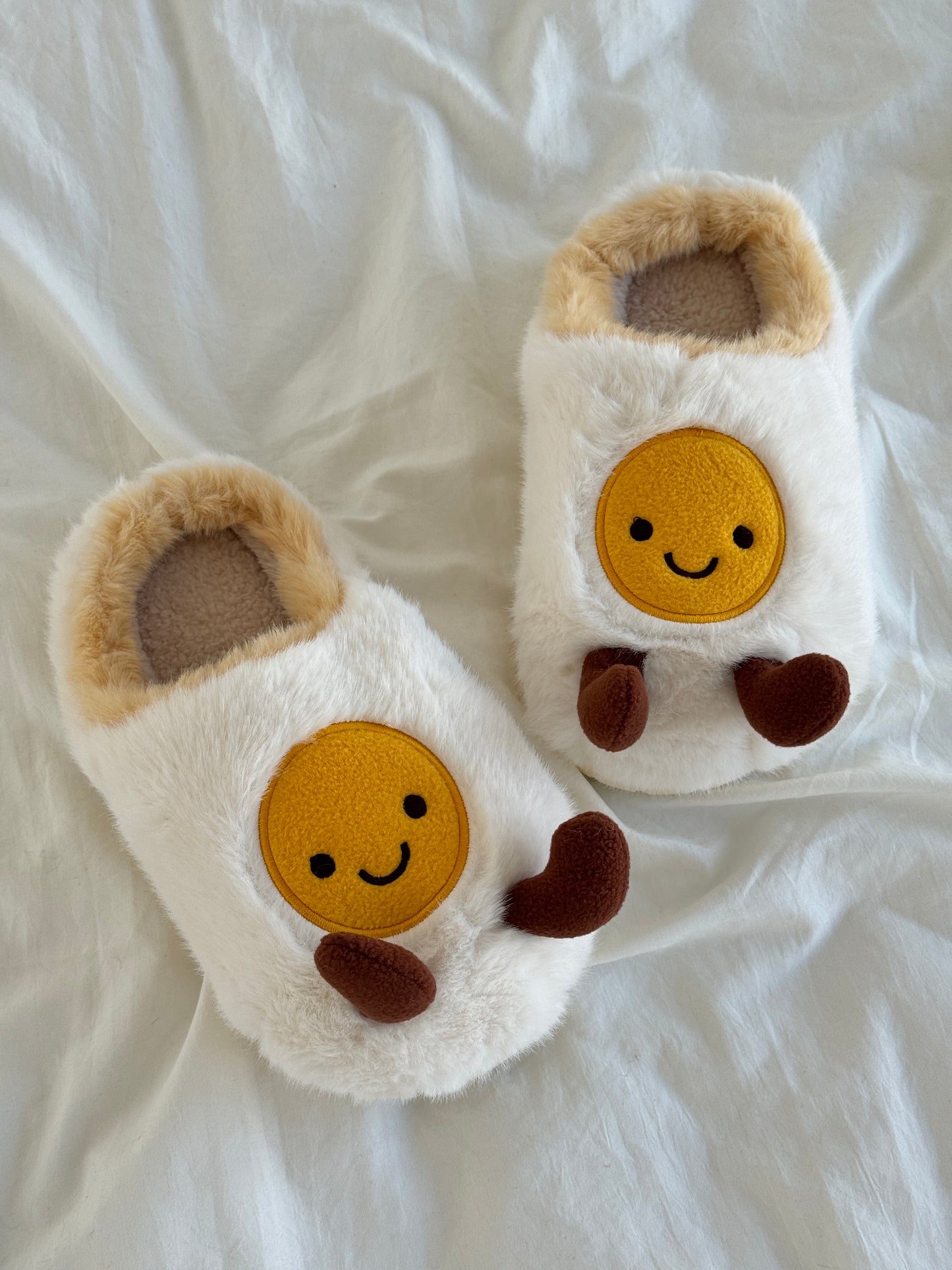 Fried Egg Jellycat Fuzzy Scuff Slippers Soft Comfy Memory Foam Non-slip Indoor House Shoes