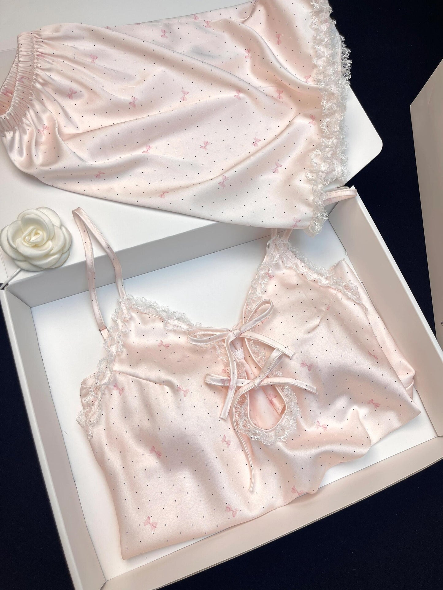 Pink Bow Print Satin Pajama Set for Women 2 Piece Silky Lingerie Sleepwear Camisole Pj Shorts Set Soft Nightwear