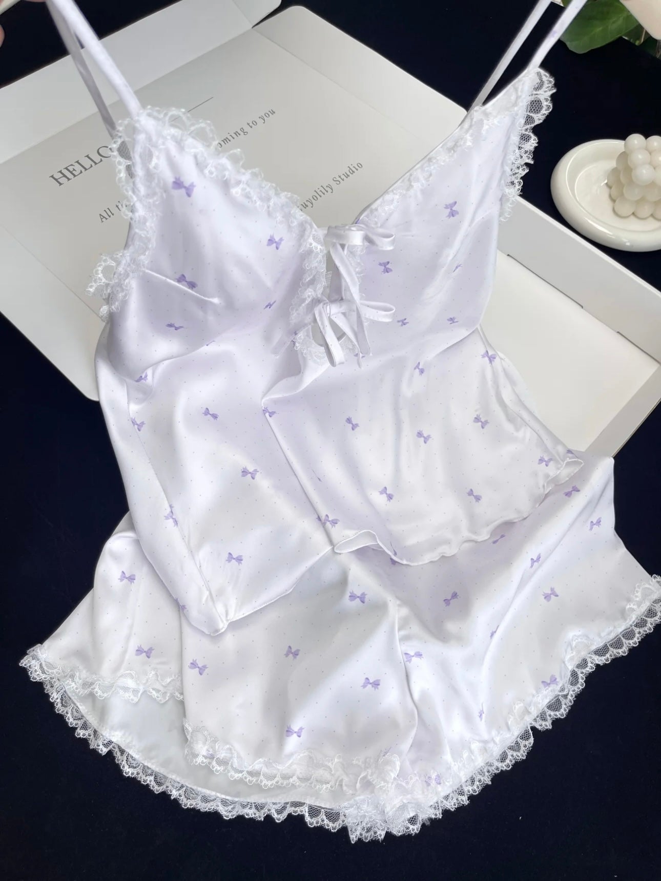 Pink Bow Print Satin Pajama Set for Women 2 Piece Silky Lingerie Sleepwear Camisole Pj Shorts Set Soft Nightwear