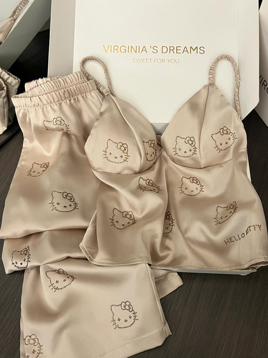 Hellokitty Champagne Satin Pajama Set for Women 2 Piece Silky Lingerie Sleepwear Camisole Pj Shorts Set Soft Nightwear