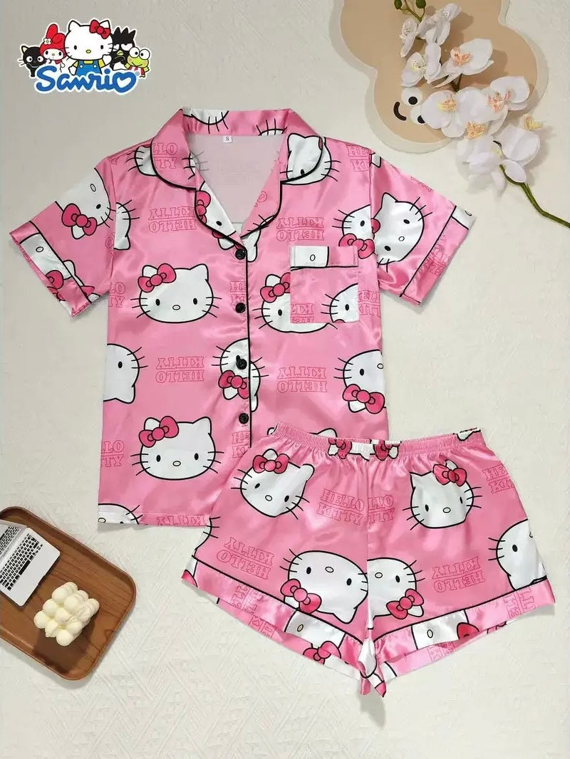 Sanrio Womens Silk Satin Pajama Sets Short Sleeve Button Down Sleepwear Cozy Loungewear 2 Piece Pjs Shorts Set (S-XXXL)