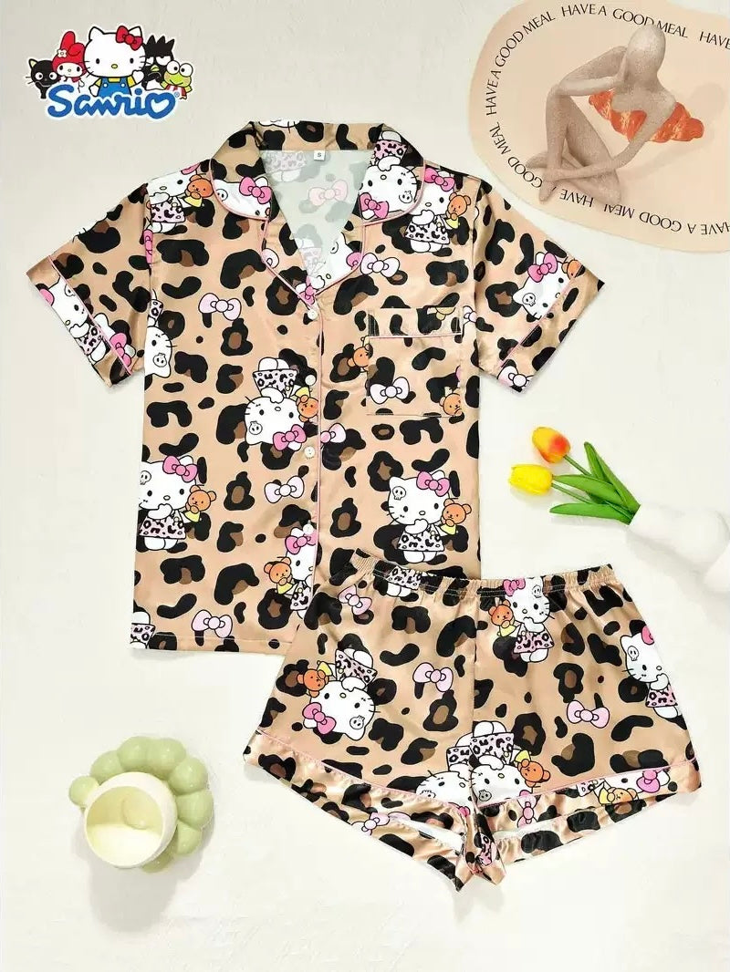Sanrio Womens Silk Satin Pajama Sets Short Sleeve Button Down Sleepwear Cozy Loungewear 2 Piece Pjs Shorts Set (S-XXXL)