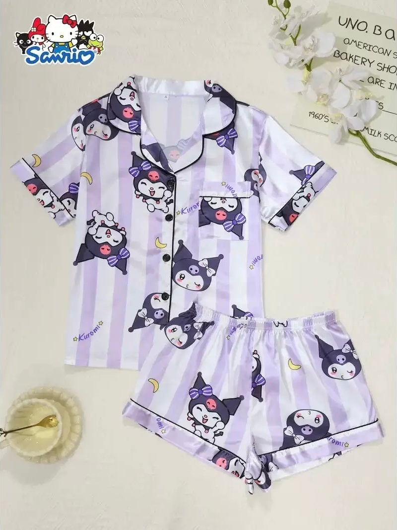 Sanrio Womens Silk Satin Pajama Sets Short Sleeve Button Down Sleepwear Cozy Loungewear 2 Piece Pjs Shorts Set (S-XXXL)