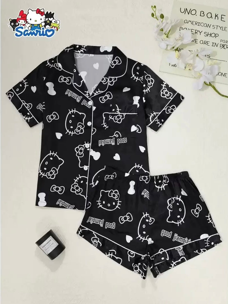 Sanrio Womens Silk Satin Pajama Sets Short Sleeve Button Down Sleepwear Cozy Loungewear 2 Piece Pjs Shorts Set (S-XXXL)