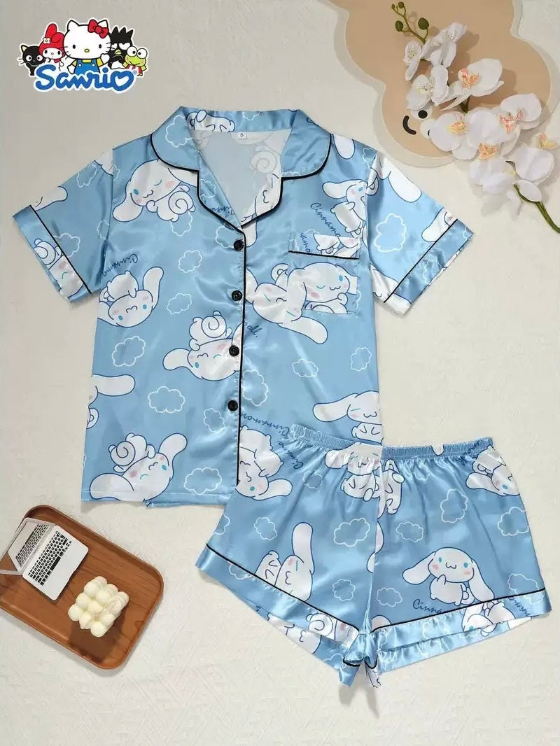 Sanrio Womens Silk Satin Pajama Sets Short Sleeve Button Down Sleepwear Cozy Loungewear 2 Piece Pjs Shorts Set (S-XXXL)