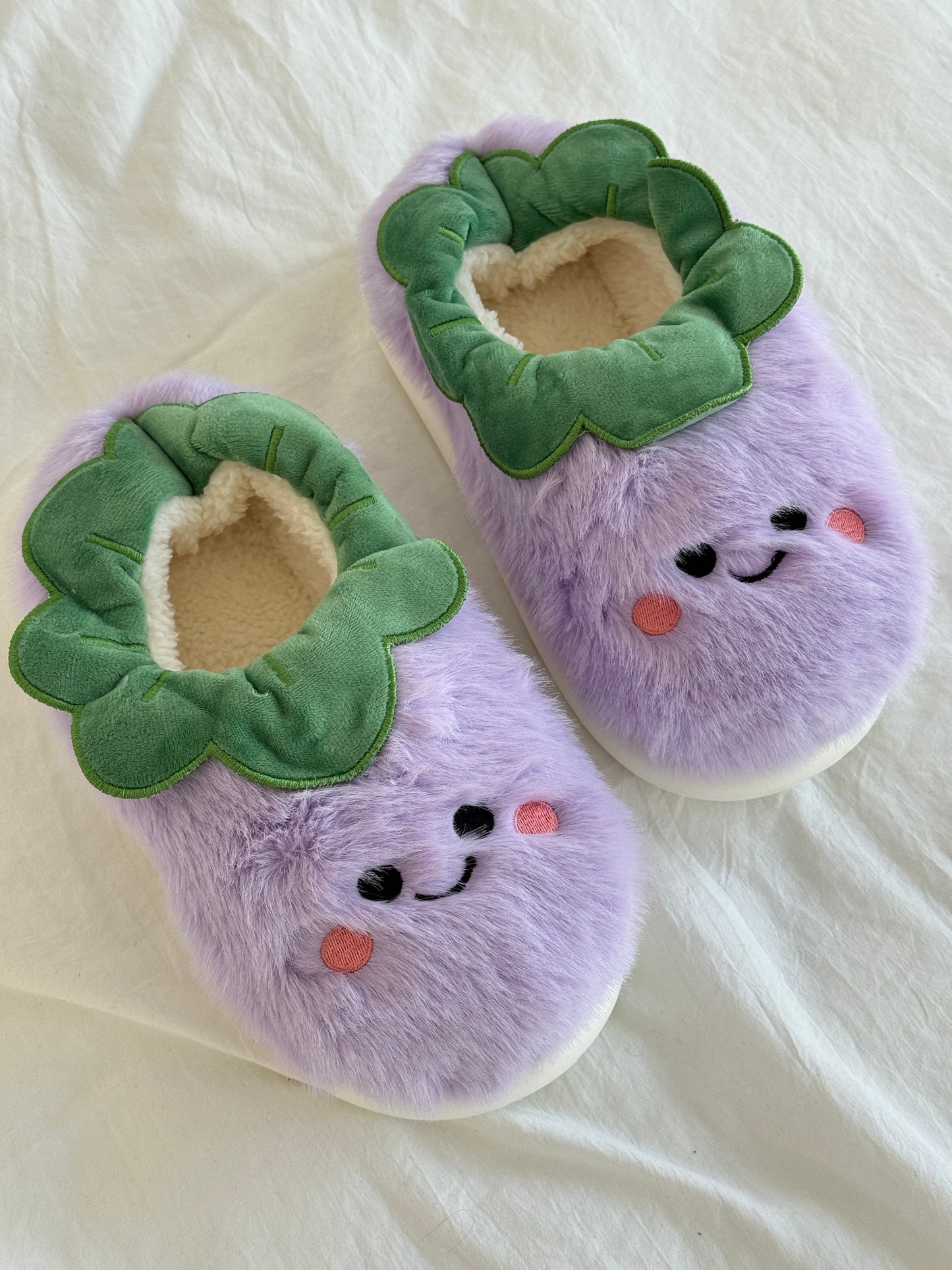 Purple Eggplant Jellycat Fuzzy Scuff Slippers Soft Comfy Memory Foam Non-slip Indoor House Shoes