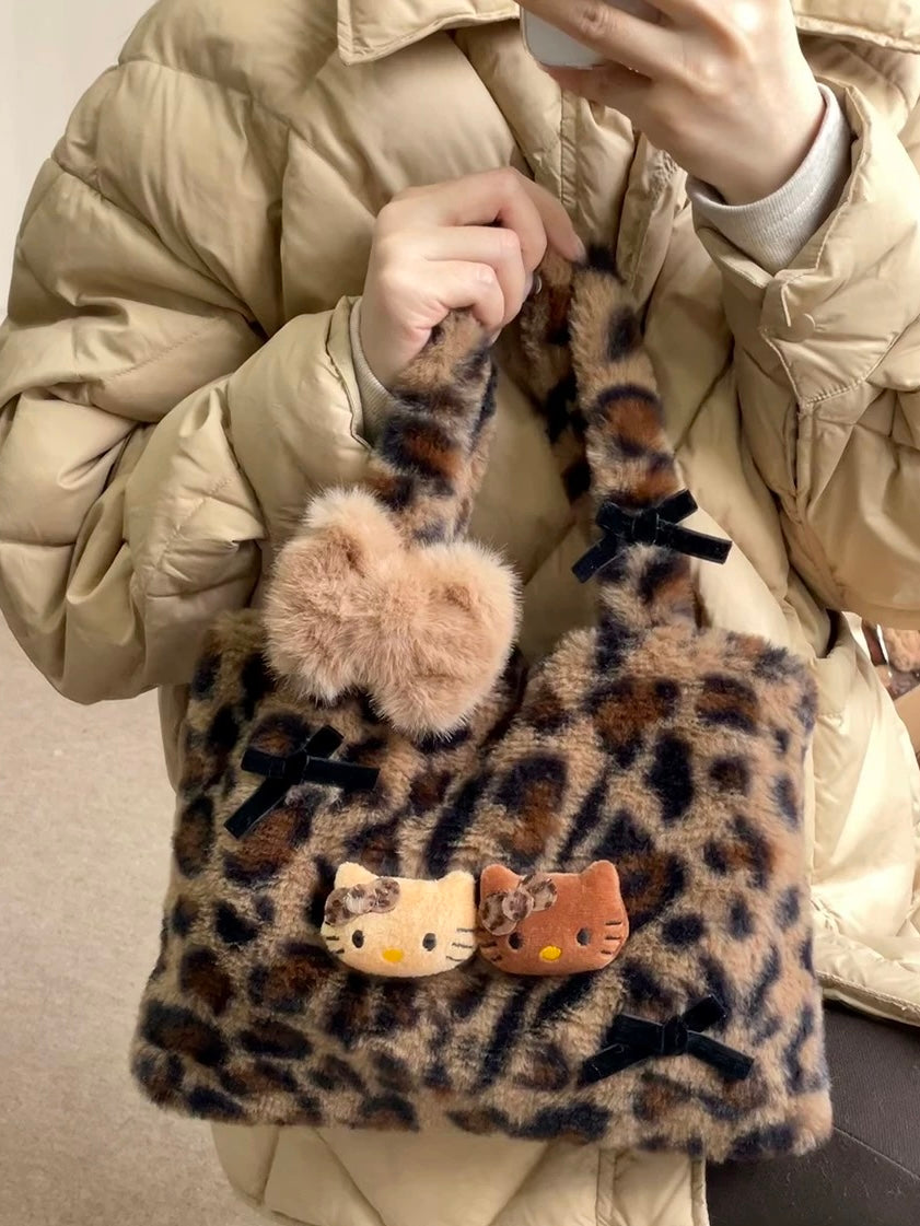 Hellokitty Leopard Print Cute Small Bags Plush Bag for Women Kawaii Carry on Bag Handbags