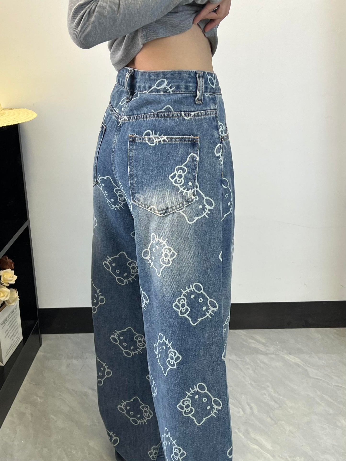 Hellokitty Pocket Embroidery Wide Leg Jeans High Waist Baggy Jeans for Women Loose Boyfriends Jeans Denim Pants