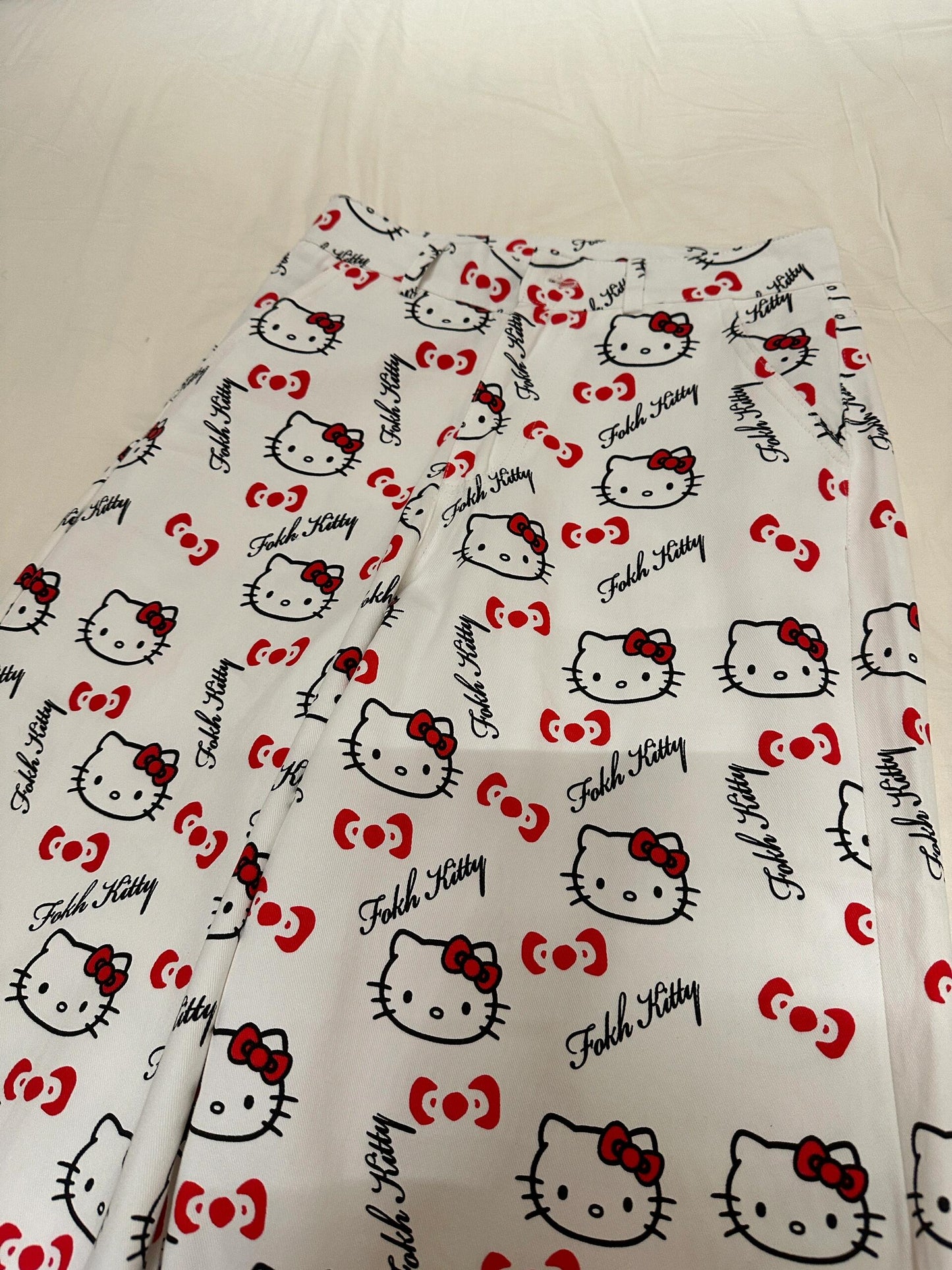 Hellokitty WHite Pocket Embroidery Wide Leg Jeans High Waist Baggy Jeans for Women Loose Boyfriends Jeans Denim Pants