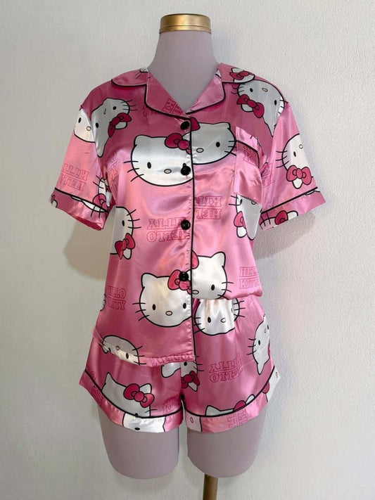 Sanrio Womens Silk Satin Pajama Sets Short Sleeve Button Down Sleepwear Cozy Loungewear 2 Piece Pjs Shorts Set (S-XXXL)