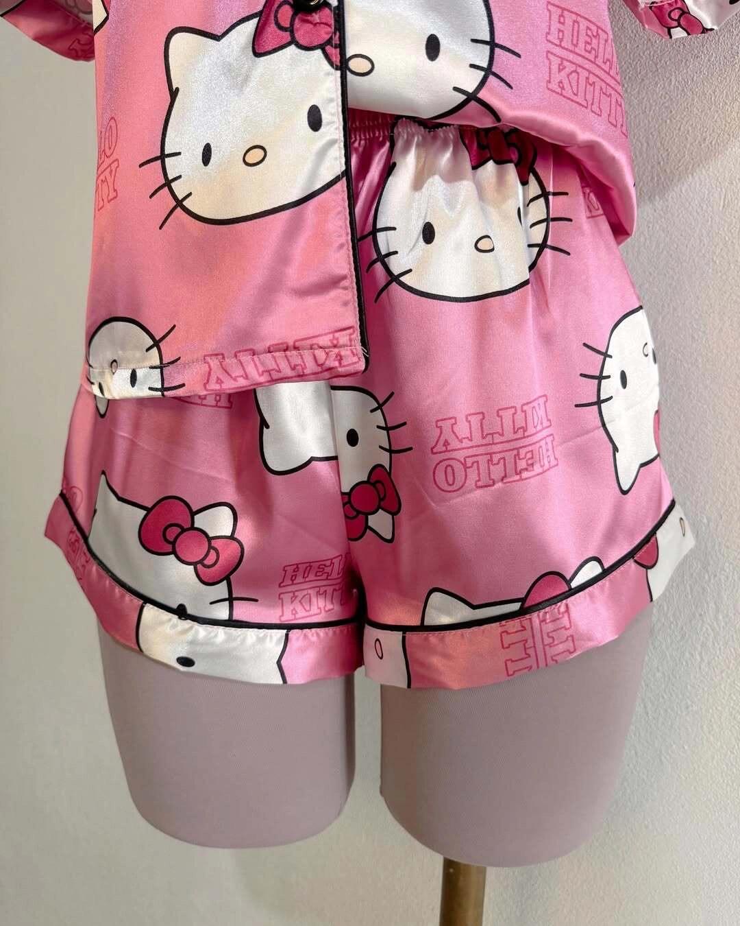 Sanrio Womens Silk Satin Pajama Sets Short Sleeve Button Down Sleepwear Cozy Loungewear 2 Piece Pjs Shorts Set (S-XXXL)