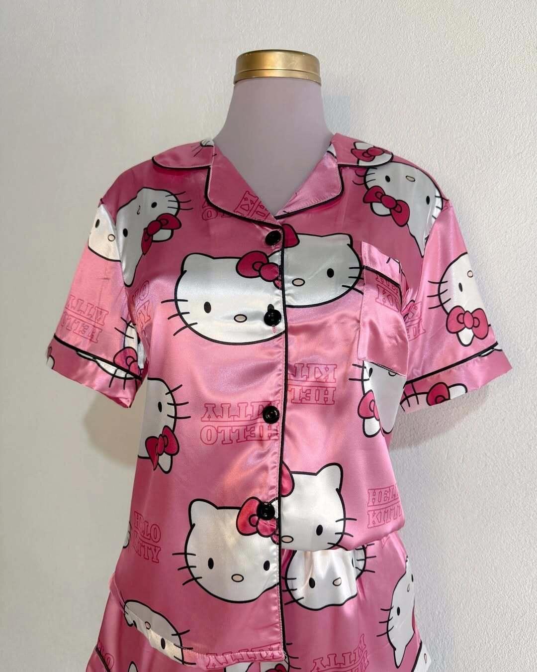 Sanrio Womens Silk Satin Pajama Sets Short Sleeve Button Down Sleepwear Cozy Loungewear 2 Piece Pjs Shorts Set (S-XXXL)